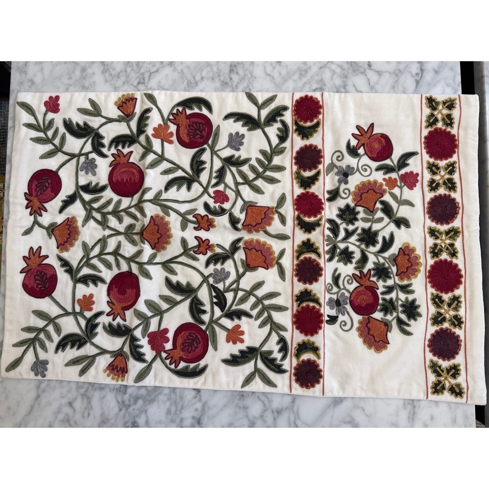 Pottery Barn Arabella Embroidered Lumbar Pillow Cover 16x26 Ivory Pomegranate